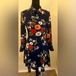 ACEVOG Navy Floral Fit & Flare Dress with Bow Neck - Size S